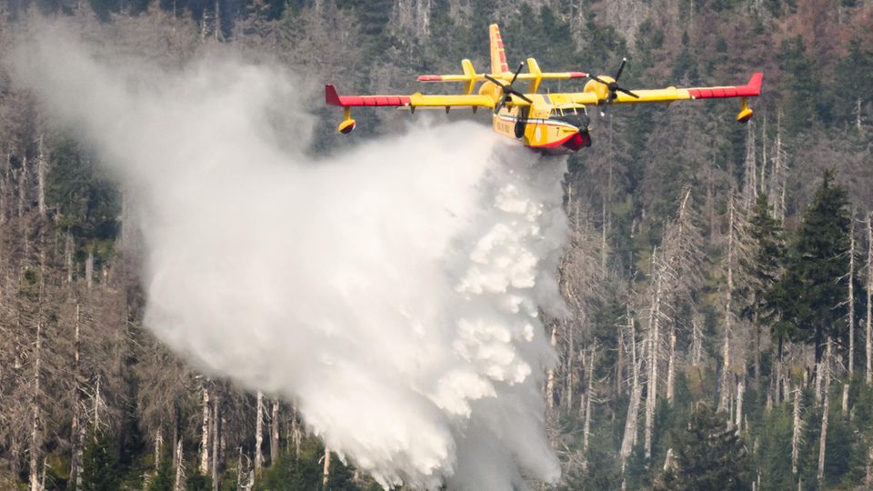 Ein italienisches Löschflugzeug hilft bei einem Waldbrand am Brocken aus
