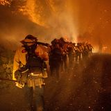 Feuerwehrleute von Cal Fire marschieren durch Glutnester entlang der Michigan Bluff Road