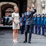 Bei der standesamtlichen Trauung am Vormittag trug Prinzessin Maria Laura von Belgien ein eierschalenfarbenes Minikleid