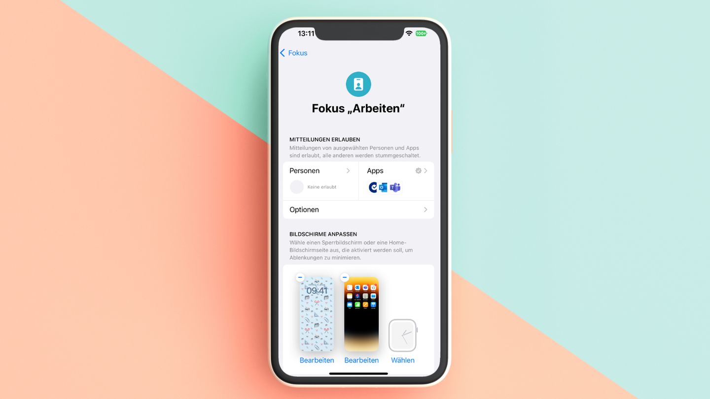 Mehr Fokus  Mit dem neuen Homescreen wurde auch die Funktion "Fokus" kräftig aufgewertet. So kann man nun jedem Fokus – etwa Arbeit, Feierabend oder Autofahrt – auch noch einen eigenen Sperrbildschirm und Homescreen zuordnen. Will man etwa bei der Arbeit nicht abgelenkt werden, zeigt der Lockscreen dann nur die Widgets, die man zum Produktivsein braucht. Toll: Sogar die Apps auf dem Homescreen lassen sich je nach gewähltem Fokus ein- und ausblenden. Instagram verschwindet dann etwa während der Arbeitszeit, dafür wird im Feierabend die Arbeitsmail-App ausgeblendet.