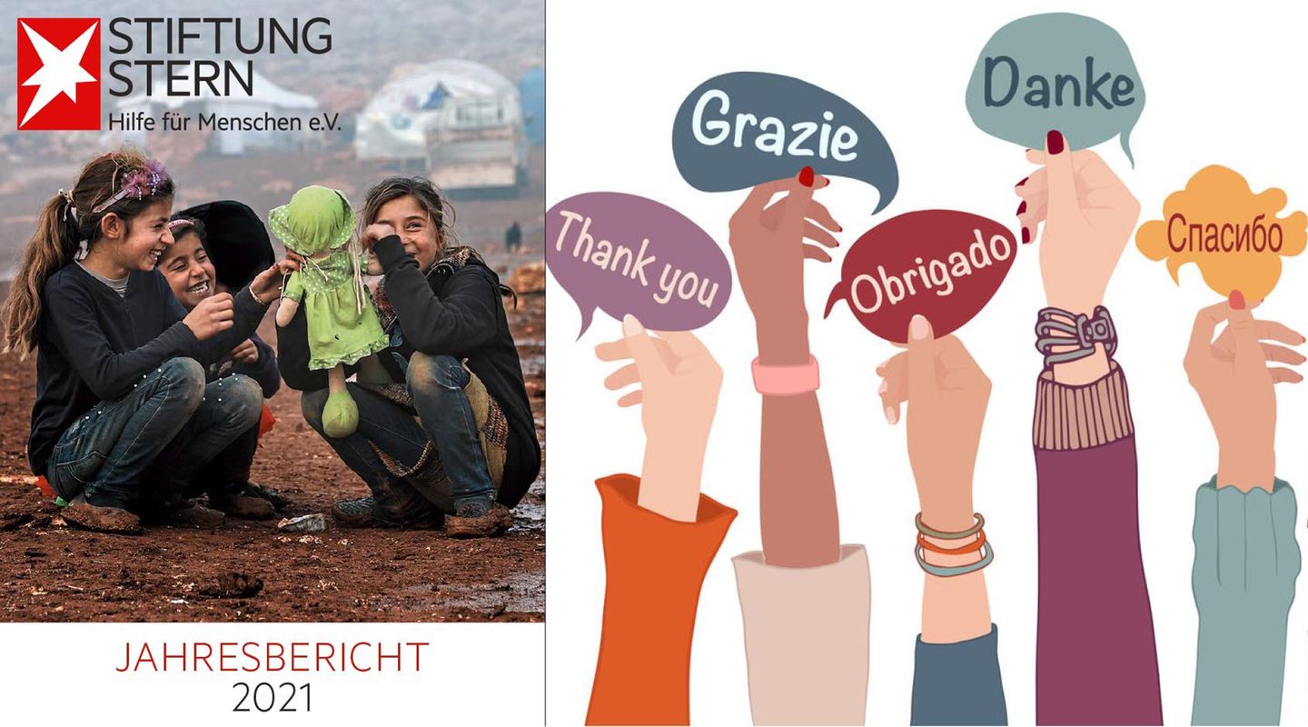 Illustration: Hände halte Schilder in verschiedenen Sprachen hoch, die Danke sagen