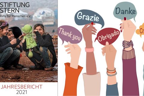Illustration: Hände halte Schilder in verschiedenen Sprachen hoch, die Danke sagen
