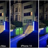 Bei schlechtem Licht ist die Lage etwas anders. Zwar knipsen auch iPhone 13 Pro (links) und iPhone 14 (Mitte) scharf und detailreich. Das iPhone 14 Pro (rechts) hat aber gleich mehrere Vorteile. Während die anderen beiden jeweils zwei Sekunden für den Nachtmodus brauchten, löste es schon nach einer aus. In der oberen linken Ecke sieht man zudem, dass es weniger aufhellen muss, um Details zeigen zu können. Schade: Das Türkis der Leuchte ganz rechts konnte keines erhalten.