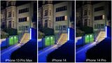 Bei schlechtem Licht ist die Lage etwas anders. Zwar knipsen auch iPhone 13 Pro (links) und iPhone 14 (Mitte) scharf und detailreich. Das iPhone 14 Pro (rechts) hat aber gleich mehrere Vorteile. Während die anderen beiden jeweils zwei Sekunden für den Nachtmodus brauchten, löste es schon nach einer aus. In der oberen linken Ecke sieht man zudem, dass es weniger aufhellen muss, um Details zeigen zu können. Schade: Das Türkis der Leuchte ganz rechts konnte keines erhalten.