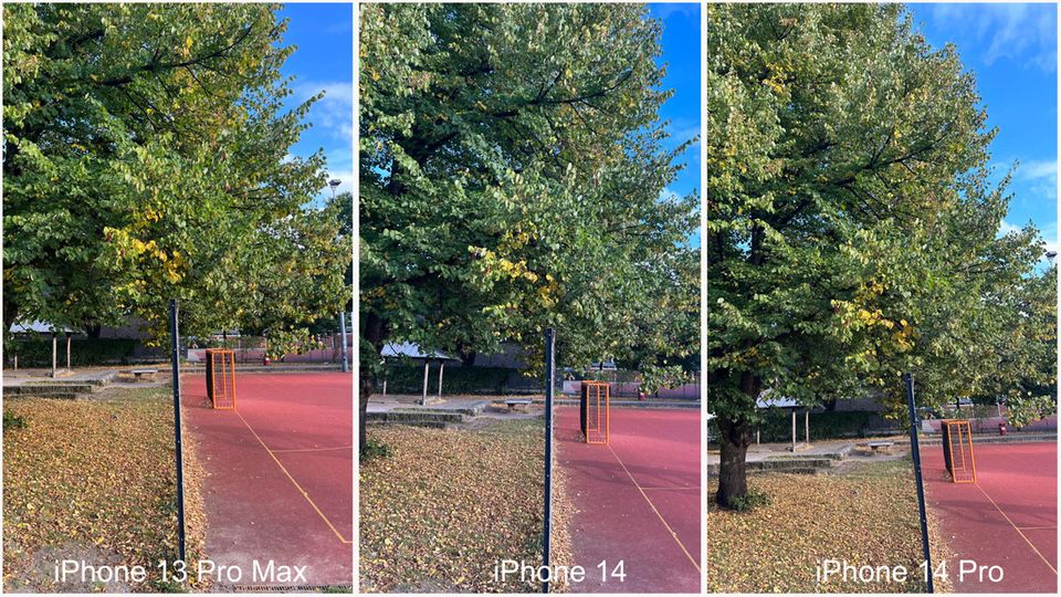 Bei Tageslicht geben sich iPhone 13 Pro Max (links), iPhone 14 (Mitte) und iPhone 14 pro (rechts) nicht viel. Alle stellen das Abgebildete scharf, kontrastreich und farbecht dar. Die Pros stellen Farben etwas kräftiger dar