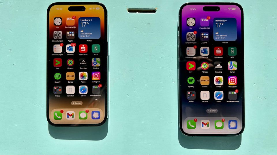 Apple-Smartphone: Die beiden neuen iPhone 14 Pro und iPhone 14 Pro Max (rechts) punkten mit zahlreichen Neuerungen - die das Basis-iPhone nicht bekommt