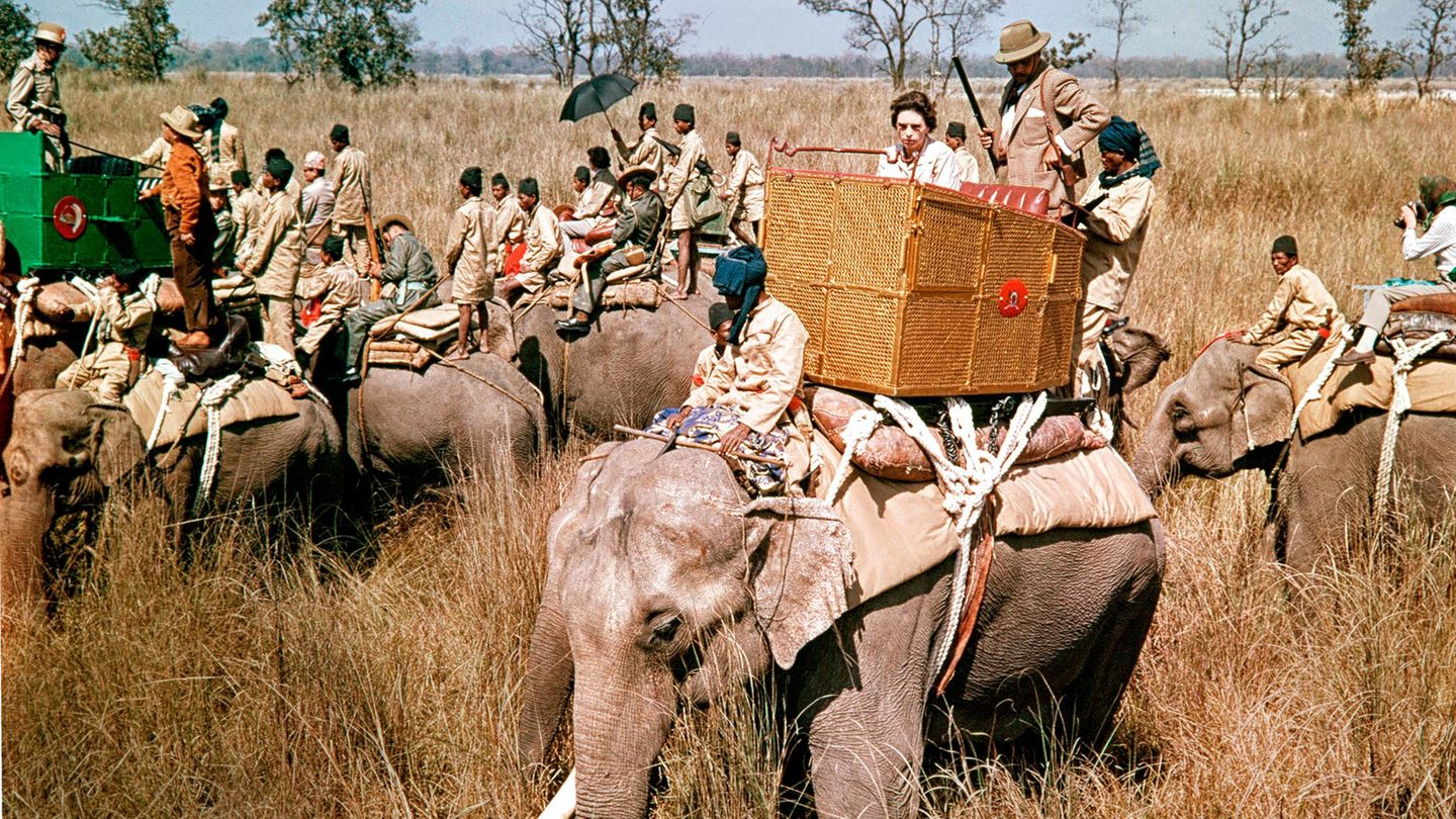 Bei ihrem Indien-Besuch 1961 schaukelt Queen Elizabeth II. auf einem Elefanten zur Tigerjagd