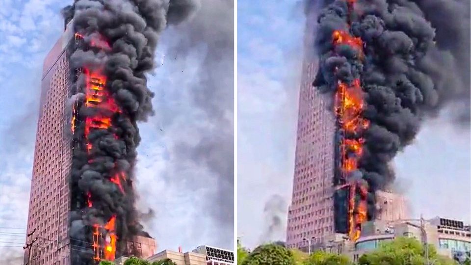 Inferno in China: Brennender Wolkenkratzer in Changsha gelöscht – Rauchsäule über der Stadt Inferno in China: Brennender Wolkenkratzer in Changsha gelöscht – Rauchsäule über der Stadt
