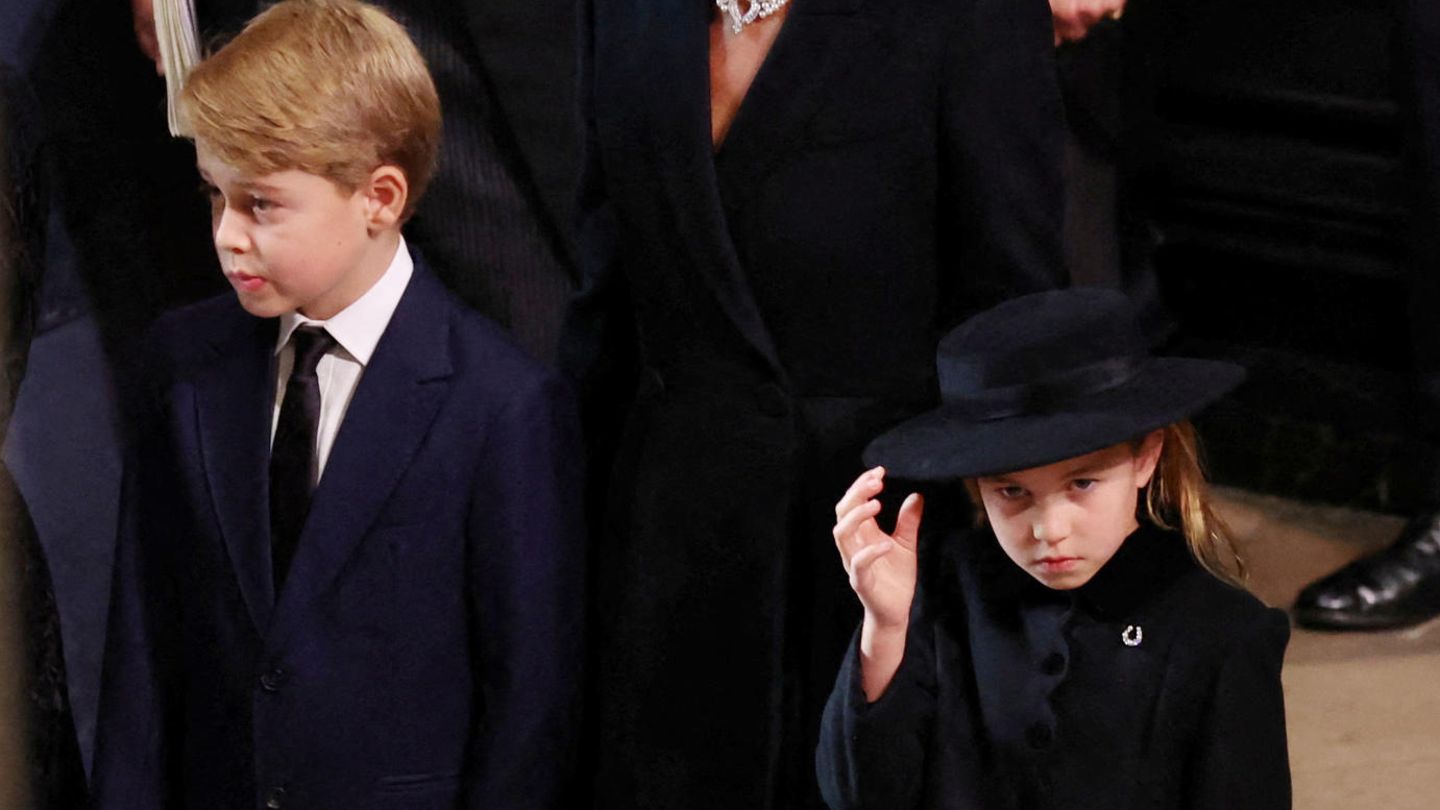 Prince George and Princess Charlotte before the funeral service with Mama Princess Kate and Aunt Duchess Meghan