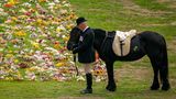 Emma, das Lieblings-Pony der Queen, steht bei der feierlichen Prozession mit dem Sarg von Königin Elizabeth II. auf dem Gelände von Schloss Windsor neben einem Blumenmeer. In einer Seitenkapelle der St.-Georges-Kapelle auf dem weitläufigen Schlossgelände soll die Queen nach einem Aussegnungsgottesdienst ihre letzte Ruhestätte finden.
