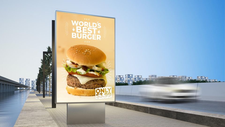 Eine Werbetafel zeigt einen Burger