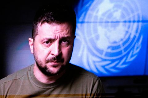 Ein großer Bildschirm zeigt einen weißen Mann mit müdem Gesicht und braunem Vollbart