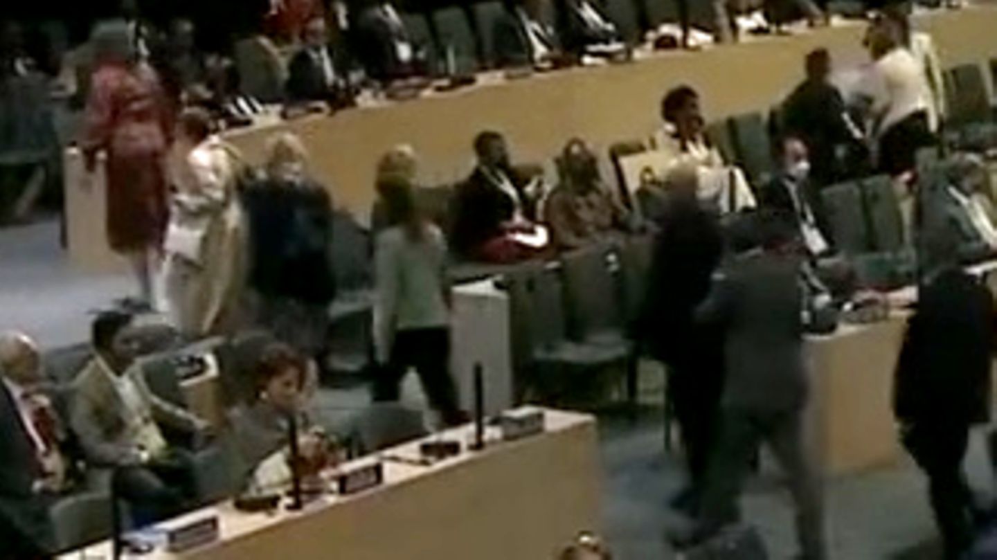 Screenshot aus der Videoübertragung der Unesco-Sitzung in Mexiko: Delegierte verlassen aus Protest gegen Russland den Saal