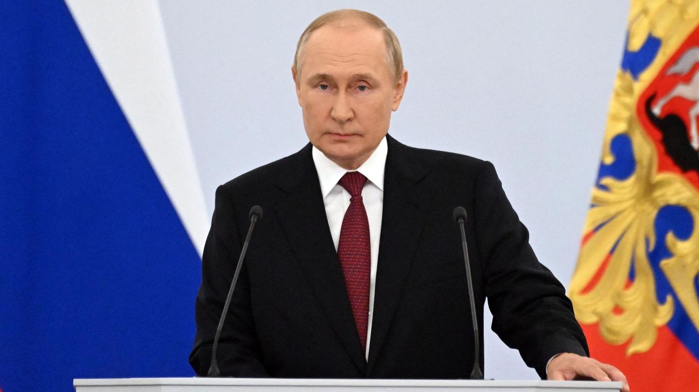 Russlands Präsident Wladimir Putin am Freitag in Moskau bei der Zeremonie zur illegalen Annexion von vier Regionen der Ukraine