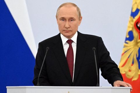 Russlands Präsident Wladimir Putin am Freitag in Moskau bei der Zeremonie zur illegalen Annexion von vier Regionen der Ukraine