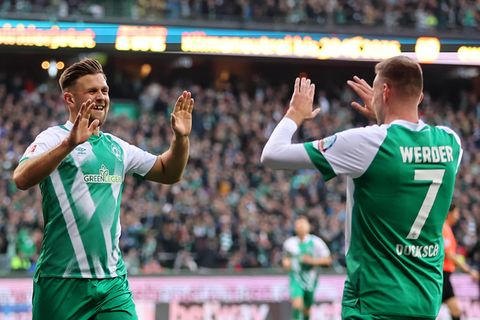 Niklas Füllkrug (l.) und Marvin Ducksch sorgten für die ersten drei Werder-Tore gegen Mönchengladbach – und brauchten dafür gerade einmal 13 Minuten