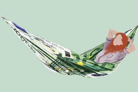 Illustration Frau in Hängematte aus 100 Euro Schein