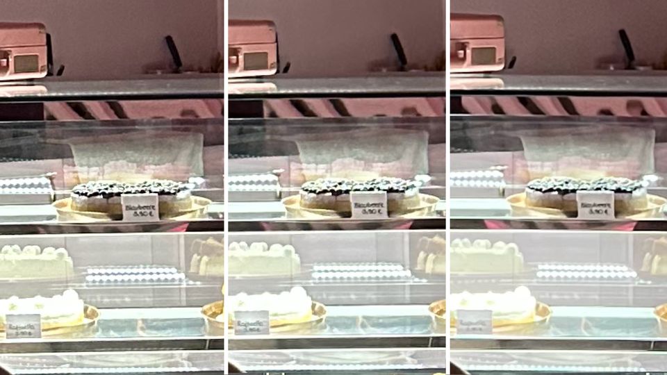Zoomt man die Fotos im Detail heran, überrascht das iPhone 14 Plus (wieder links): Es zeigt die winzige Schrift in der Auslage noch wenigstens teilweise lesbar. Das iPhone 13 Pro Max (rechts) ist deutlich verwaschener
