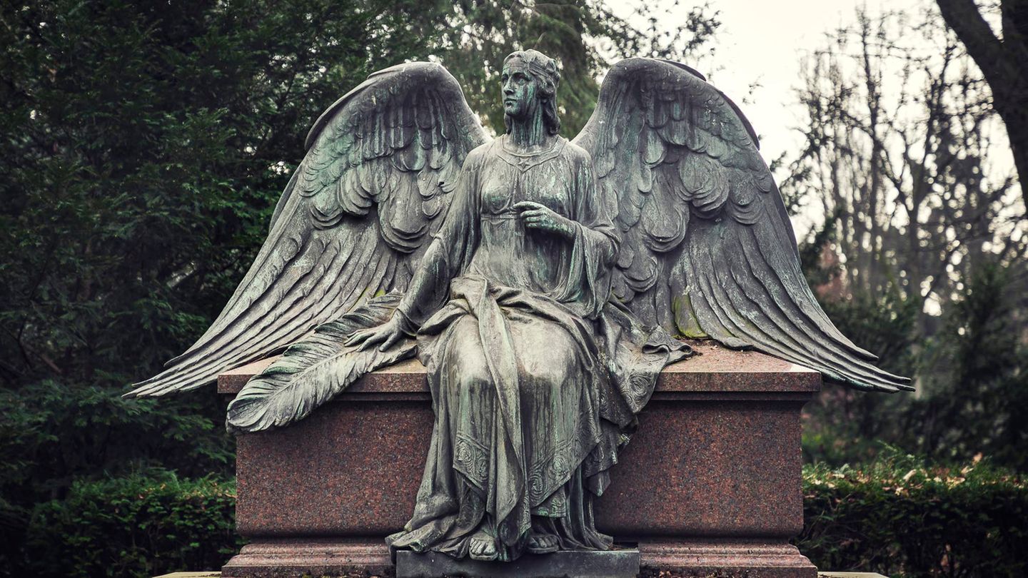 Dieser Engel mit besonders großen Flügeln sitzt auf einem Steinsarg auf dem Melatenfriedhof von Köln.
