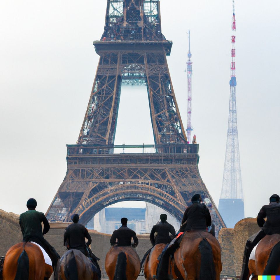 So stellt sich die KI ein Pferderennen vor dem Eiffelturm in Paris vor.  Unsere Bildbeschreibung für die KI lautete: "A horse race in front of the Eiffel tower in Paris, high quality"