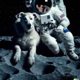 "Ein kleiner Schritt für einen Menschen, vier kleine Schritte für einen Hund", so könnte man dieses Bild eines Astronauten mit seinem Hund auf dem Mond wohl beschreiben.  Bildbeschreibung: "A photo of an astronaut with his dog on the moon, hyperrealistic"
