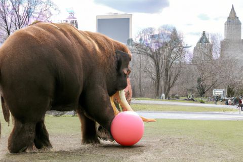 Wie anpassungsfähig die KI ist, zeigt dieses Bild: Den Elefanten haben wir in der Beschreibung einfach durch ein Mammut ersetzt.  Die Bildbeschreibung: "A photo of a wooly mammoth playing with balls in the central park, new york, high quality"