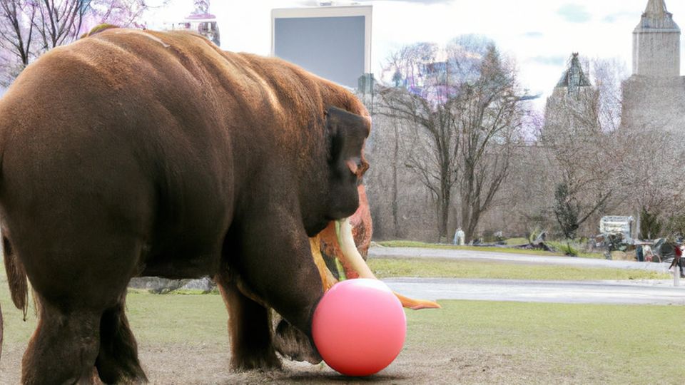 Wie anpassungsfähig die KI ist, zeigt dieses Bild: Den Elefanten haben wir in der Beschreibung einfach durch ein Mammut ersetzt.  Die Bildbeschreibung: "A photo of a wooly mammoth playing with balls in the central park, new york, high quality"