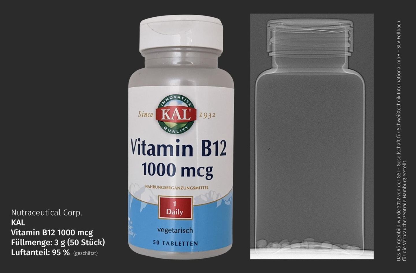 Irgendwo am Boden der Packung liegen ein paar Vitamin-Tabletten. Geschätzter Luftanteil: 95 Prozent.