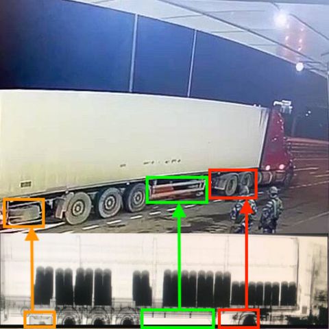 Eine Videoaufnahme und eine Röntgenaufnahme, die den Lkw zeigen sollen, der auf der Krim-Brücke explodiert sein soll.