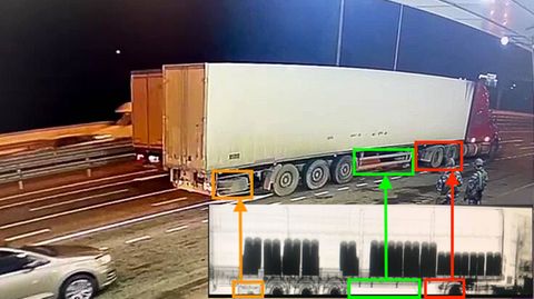 Eine Videoaufnahme und eine Röntgenaufnahme, die den Lkw zeigen sollen, der auf der Krim-Brücke explodiert sein soll.