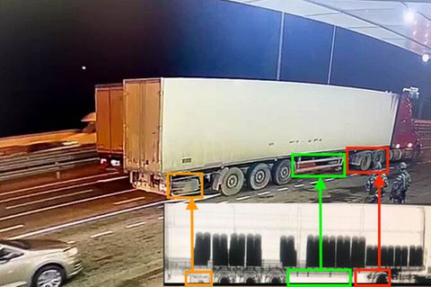 Eine Videoaufnahme und eine Röntgenaufnahme, die den Lkw zeigen sollen, der auf der Krim-Brücke explodiert sein soll.