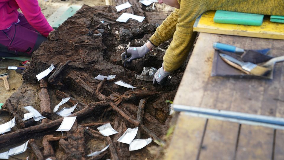 Archäologen mit den entdeckten Knochen