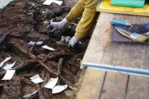 Archäologen mit den entdeckten Knochen