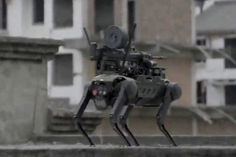 Militärtechnologie aus China: Drohne setzt bewaffneten Roboter-Hund ab
