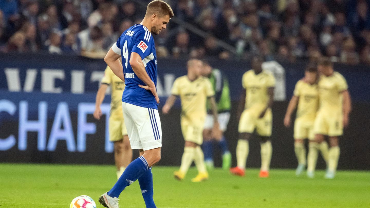 Fußball-Bundesliga, 10. Spieltag: FC Schalke 04 – TSG Hoffenheim 0:3 Der Schalker Angreifer Simon Terodde lässt den Kopf hängen. Schalke steht nach der 0:3-Niederlage gegen kühl und souverän auftretende Hoffenheimer auf dem vorletzten Tabellenplatz. Der Aufsteiger hat bislang nicht nachgewiesen, dass er auf Bundesliga-Niveau bestehen kann. Trainer Franck Kramer steht zur Diskussion und erhält eine Gnadenfrist, obwohl allgemein mit seiner Entlassung gerechnet wurde. Vermutlich wird das nächste Woche der Fall sein. FC Schalke 04 – TSG Hoffenheim 0:3 Der Schalker Angreifer Simon Terodde lässt den Kopf hängen. Schalke steht nach der 0:3-Niederlage gegen kühl und souverän auftretende Hoffenheimer auf dem vorletzten Tabellenplatz. Der Aufsteiger hat bislang nicht nachgewiesen, dass er auf Bundesliga-Niveau bestehen kann. Trainer Franck Kramer steht zur Diskussion und erhält eine Gnadenfrist, obwohl allgemein mit seiner Entlassung gerechnet wurde. Vermutlich wird das nächste Woche der Fall sein.