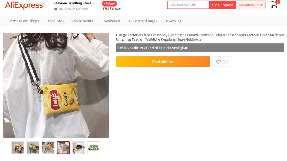 Beim asiatischen Online-Versandhandel AliExpress sind die Handtaschen in Chipstüten-Optik derzeit ausverkauft.