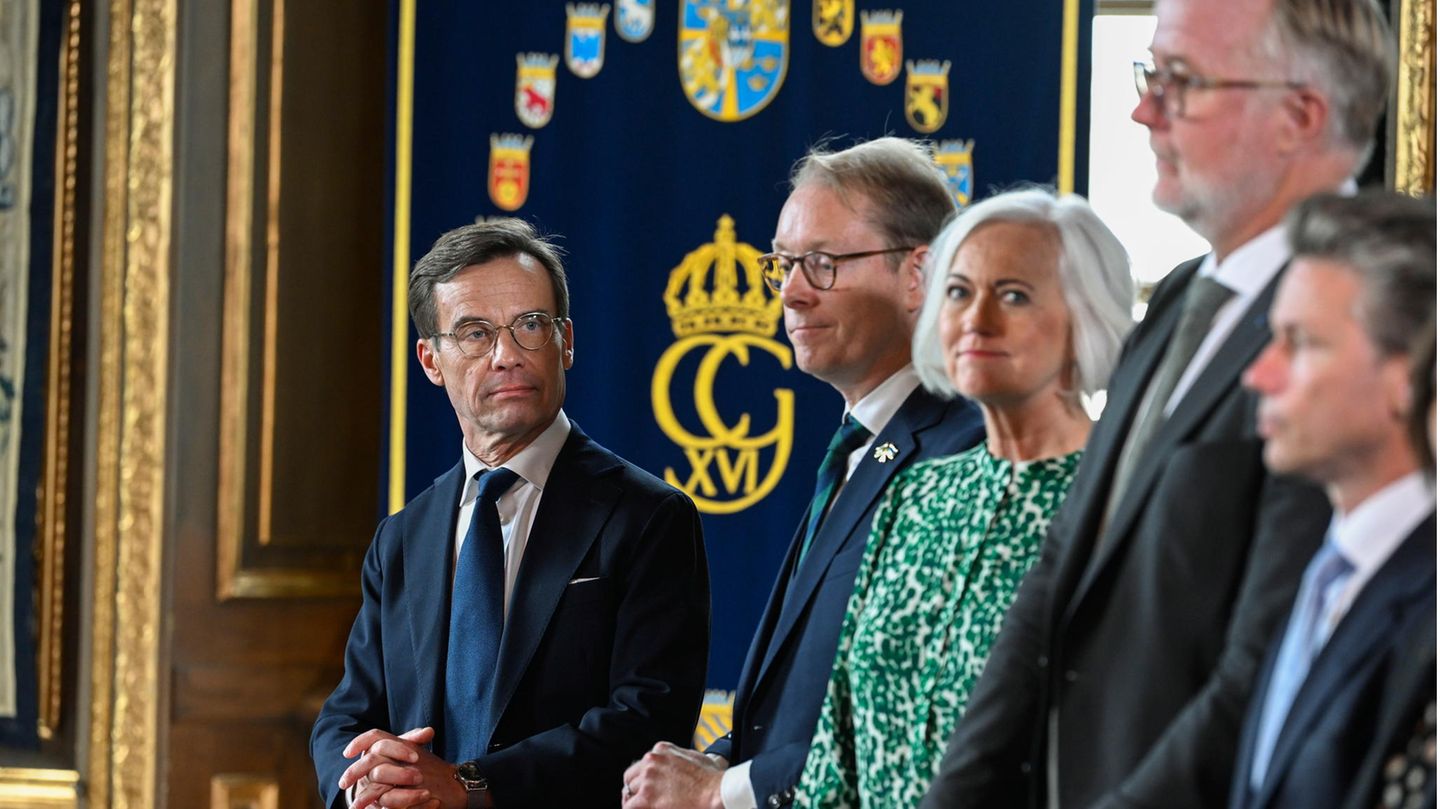 Das neue Regierungskabinett Schwedens, die Parteiführer*innen stehen nebeneinander
