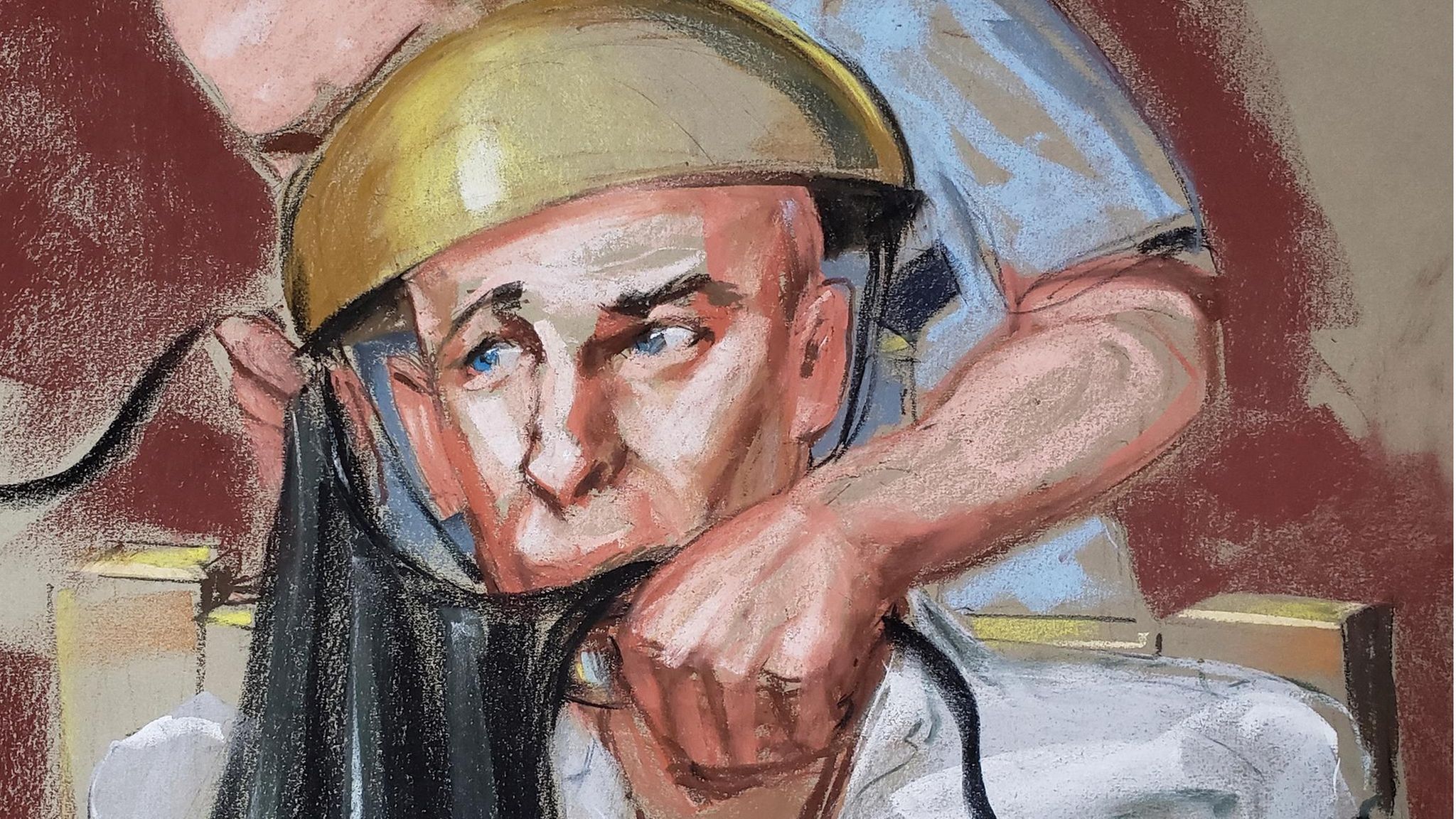 Eine Zeichnung der Hinrichtung von John Louis Evans zeigt einen Mann, dem ein Tuch umgebunden wird