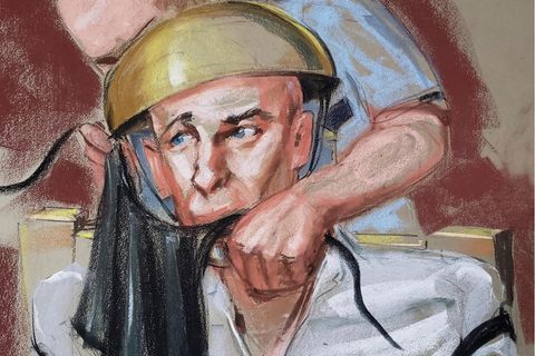 Eine Zeichnung der Hinrichtung von John Louis Evans zeigt einen Mann, dem ein Tuch umgebunden wird