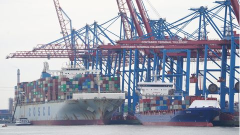 Ein graues Containerschiff mit "Cosco"-Schriftzug auf dem Rumpf liegt unter blau-roten Kränen am Terminal Tollerort