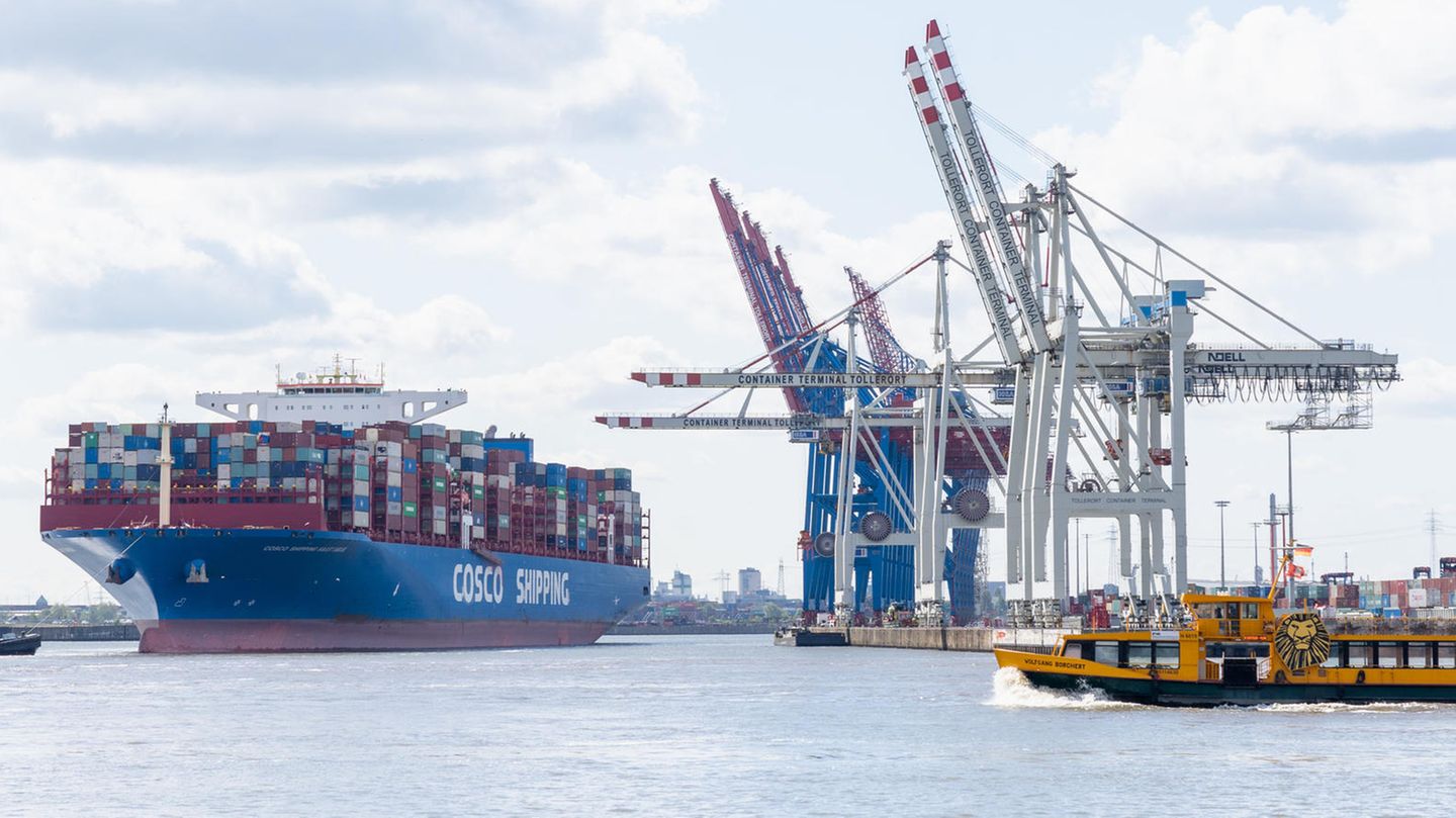 Ein Containerschiff von Cosco und Kräne am Hafen von Hamburg
