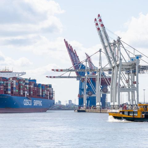 Ein Containerschiff von Cosco und Kräne am Hafen von Hamburg