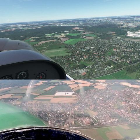 Oben der Microsoft Flight Simulator unten die Realität. Der echte Flug fand im Hochsommer statt, daher die braunen Felder. Im Flugsimulator lassen sich zwar Tag und Monat einstellen, doch die Bodentexturen ändern sich nicht mit den Jahreszeiten. 