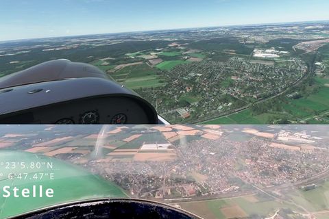 Oben der Microsoft Flight Simulator unten die Realität. Der echte Flug fand im Hochsommer statt, daher die braunen Felder. Im Flugsimulator lassen sich zwar Tag und Monat einstellen, doch die Bodentexturen ändern sich nicht mit den Jahreszeiten. 