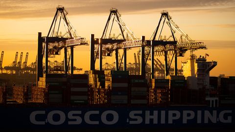 Ein Containerschiff der China Ocean Shipping Company (Cosco) in Hamburg