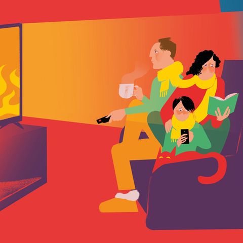 Illustration einer Familie die mit Schal und Tee auf dem Sofa sitzt