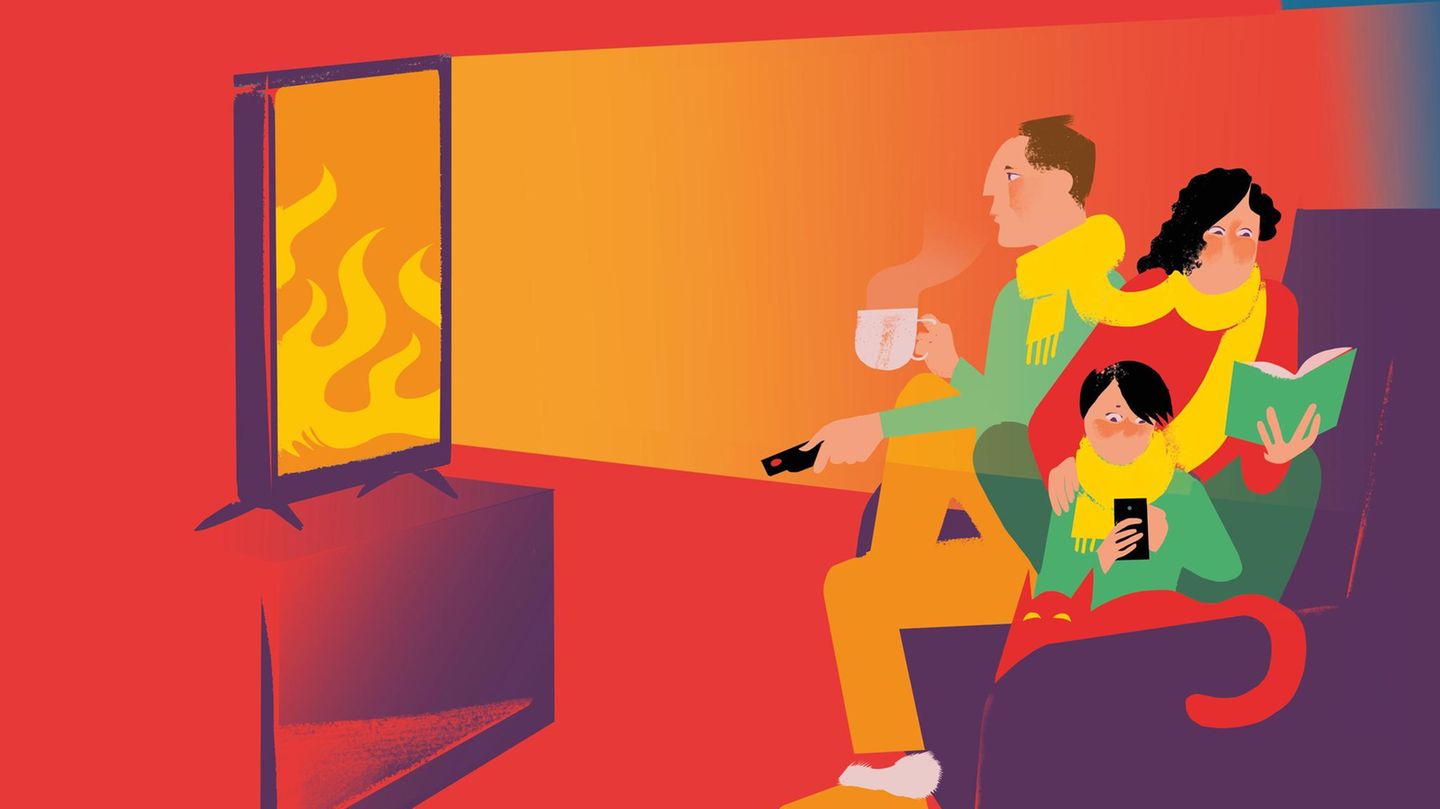 Illustration einer Familie die mit Schal und Tee auf dem Sofa sitzt