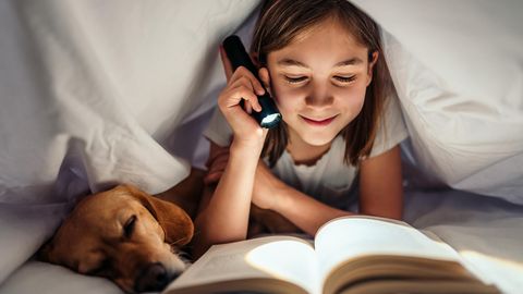 Ein Mädchen liest unter der Bettdecke