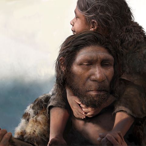 Rendering des Neandertaler-Vaters mit seiner Tochter