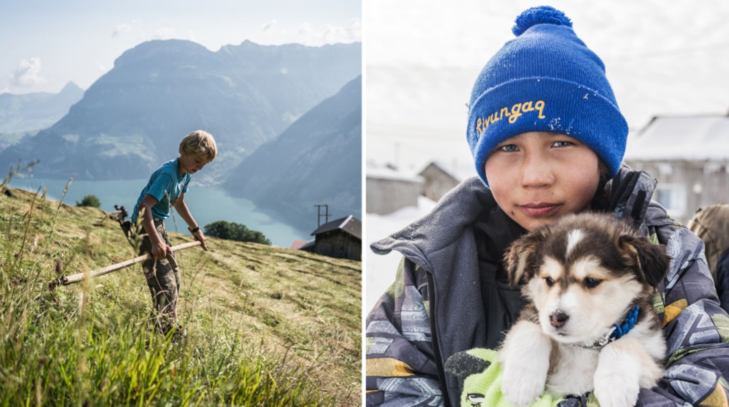 "Das letzte Eis": Auf der Oberen Bärchi im Dorf Isenthal lebt Familie Eberli auf knapp 1100 Meter Höhe. Beim Bewirtschaften der steilen Hänge hilft in der achtköpfigen Familie jeder mit. Auch Marco (links) kann auf den steilen Hängen bereits mit der Sense umgehen. Heute sind die Hunde in dem Dorf Savoonga auf der Sankt-Lorenz-Insel im US-Bundesstaat Alaska nur noch Haustiere, die allerdings angekettet draußen leben. Früher besaß hier jede Familie ein Hundeteam von bis zu 14 Huskys. Deren Arbeit als Schlittenhunde haben inzwischen Schneemobile und Quads übernommen – auch wenn der Sprit ins Geld geht. Auf der Oberen Bärchi im Dorf Isenthal lebt Familie Eberli auf knapp 1100 Meter Höhe. Beim Bewirtschaften der steilen Hänge hilft in der achtköpfigen Familie jeder mit. Auch Marco (links) kann auf den steilen Hängen bereits mit der Sense umgehen. Heute sind die Hunde in dem Dorf Savoonga auf der Sankt-Lorenz-Insel im US-Bundesstaat Alaska nur noch Haustiere, die allerdings angekettet draußen leben. Früher besaß hier jede Familie ein Hundeteam von bis zu 14 Huskys. Deren Arbeit als Schlittenhunde haben inzwischen Schneemobile und Quads übernommen – auch wenn der Sprit ins Geld geht.
